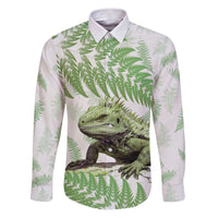Green New Zealand Tuatara Family Matching Puletasi and Hawaiian Shirt Aotearoa Sphenodon Punctatus Silver Fern LT14 Dad's Shirt - Long Sleeve Green - Polynesian Pride