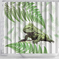 Green New Zealand Tuatara Shower Curtain Aotearoa Sphenodon Punctatus Silver Fern LT14 - Polynesian Pride