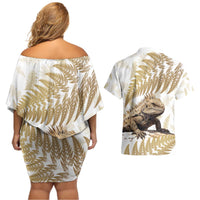 Gold New Zealand Tuatara Couples Matching Off Shoulder Short Dress and Hawaiian Shirt Aotearoa Sphenodon Punctatus Silver Fern