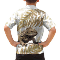 Gold New Zealand Tuatara Family Matching Off Shoulder Maxi Dress and Hawaiian Shirt Aotearoa Sphenodon Punctatus Silver Fern LT14 - Polynesian Pride