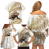 Gold New Zealand Tuatara Family Matching Off Shoulder Short Dress and Hawaiian Shirt Aotearoa Sphenodon Punctatus Silver Fern LT14 - Polynesian Pride