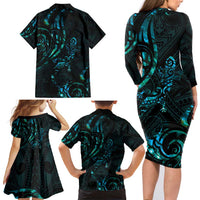 New Zealand Skink Family Matching Long Sleeve Bodycon Dress and Hawaiian Shirt - Aotearoa Maori Mix Paua Shell LT14 - Polynesian Pride