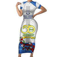 Personalised Fiji Holy Cross College Short Sleeve Bodycon Dress Happy 50th Anniversary Fijian Tagimoucia Tapa Pattern LT14 Long Dress White - Polynesian Pride