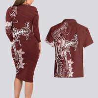 Oxblood Hawaii Couples Matching Long Sleeve Bodycon Dress and Hawaiian Shirt Hammerhead Shark Tattoo Curve Polynesian - Polynesian Pride