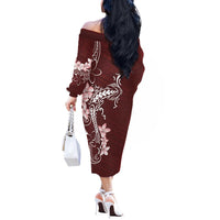 Oxblood Hawaii Off The Shoulder Long Sleeve Dress Hammerhead Shark Tattoo Curve Polynesian - Polynesian Pride