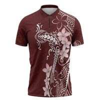 Oxblood Hawaii Zipper Polo Shirt Hammerhead Shark Tattoo Curve Polynesian - Polynesian Pride