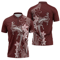 Oxblood Hawaii Zipper Polo Shirt Hammerhead Shark Tattoo Curve Polynesian - Polynesian Pride