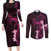Pink Hawaii Couples Matching Long Sleeve Bodycon Dress and Long Sleeve Button Shirt Hammerhead Shark Tattoo Curve Polynesian - Polynesian Pride