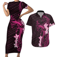 Pink Hawaii Couples Matching Short Sleeve Bodycon Dress and Hawaiian Shirt Hammerhead Shark Tattoo Curve Polynesian - Polynesian Pride