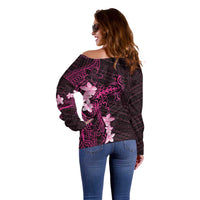 Pink Hawaii Off Shoulder Sweater Hammerhead Shark Tattoo Curve Polynesian - Polynesian Pride