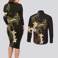 Black and Gold Hawaii Couples Matching Long Sleeve Bodycon Dress and Long Sleeve Button Shirt Hammerhead Shark Tattoo Curve Polynesian - Polynesian Pride