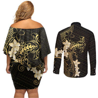Black and Gold Hawaii Couples Matching Off Shoulder Short Dress and Long Sleeve Button Shirt Hammerhead Shark Tattoo Curve Polynesian - Polynesian Pride