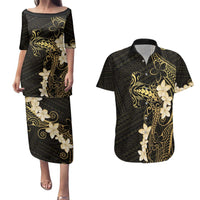 Black and Gold Hawaii Couples Matching Puletasi and Hawaiian Shirt Hammerhead Shark Tattoo Curve Polynesian - Polynesian Pride