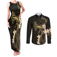 Black and Gold Hawaii Couples Matching Tank Maxi Dress and Long Sleeve Button Shirt Hammerhead Shark Tattoo Curve Polynesian - Polynesian Pride