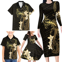 Black and Gold Hawaii Family Matching Long Sleeve Bodycon Dress and Hawaiian Shirt Hammerhead Shark Tattoo Curve Polynesian - Polynesian Pride