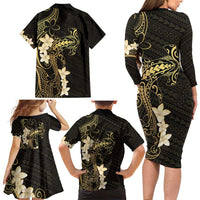 Black and Gold Hawaii Family Matching Long Sleeve Bodycon Dress and Hawaiian Shirt Hammerhead Shark Tattoo Curve Polynesian - Polynesian Pride