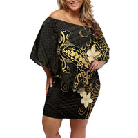 Black and Gold Hawaii Off Shoulder Short Dress Hammerhead Shark Tattoo Curve Polynesian - Polynesian Pride