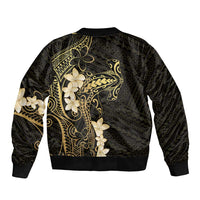 Black and Gold Hawaii Sleeve Zip Bomber Jacket Hammerhead Shark Tattoo Curve Polynesian - Polynesian Pride