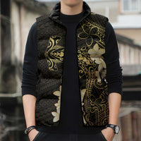 Black and Gold Hawaii Sleeveless Puffer Jacket Hammerhead Shark Tattoo Curve Polynesian - Polynesian Pride