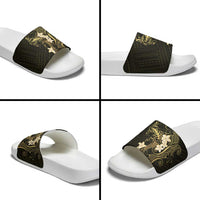 Black and Gold Hawaii Slide Sandals Hammerhead Shark Tattoo Curve Polynesian - Polynesian Pride