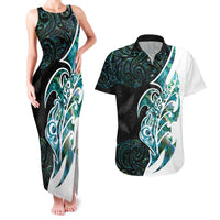 Proud Aotearoa Couples Matching Tank Maxi Dress and Hawaiian Shirt Maori Silver Fern Mix Paua Shell Pattern