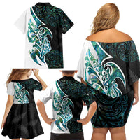 Proud Aotearoa Family Matching Off Shoulder Short Dress and Hawaiian Shirt Maori Silver Fern Mix Paua Shell Pattern LT14 - Polynesian Pride