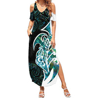 Proud Aotearoa Family Matching Summer Maxi Dress and Hawaiian Shirt Maori Silver Fern Mix Paua Shell Pattern LT14 Mom's Dress Black - Polynesian Pride