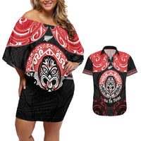 Aotearoa Toitu Te Tiriti Couples Matching Off Shoulder Short Dress and Hawaiian Shirt Haka Tiki Honour The Treaty