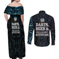 Personalized New Zealand Darts Beer Couples Matching Off Shoulder Maxi Dress and Long Sleeve Button Shirt Paua Shell Aotearoa Maori Tattoo - Polynesian Pride