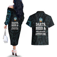 Personalized New Zealand Darts Beer Couples Matching Off The Shoulder Long Sleeve Dress and Hawaiian Shirt Paua Shell Aotearoa Maori Tattoo - Polynesian Pride