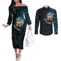 Personalized New Zealand Darts Beer Couples Matching Off The Shoulder Long Sleeve Dress and Long Sleeve Button Shirt Paua Shell Aotearoa Maori Tattoo - Polynesian Pride