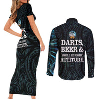 Personalized New Zealand Darts Beer Couples Matching Short Sleeve Bodycon Dress and Long Sleeve Button Shirt Paua Shell Aotearoa Maori Tattoo - Polynesian Pride