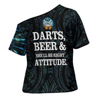 Personalized New Zealand Darts Beer Cross Shoulder Shirt Paua Shell Aotearoa Maori Tattoo - Polynesian Pride