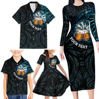 Personalized New Zealand Darts Beer Family Matching Long Sleeve Bodycon Dress and Hawaiian Shirt Paua Shell Aotearoa Maori Tattoo - Polynesian Pride