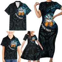 Personalized New Zealand Darts Beer Family Matching Short Sleeve Bodycon Dress and Hawaiian Shirt Paua Shell Aotearoa Maori Tattoo - Polynesian Pride