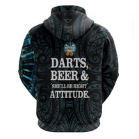 Personalized New Zealand Darts Beer Zip Hoodie Paua Shell Aotearoa Maori Tattoo - Polynesian Pride
