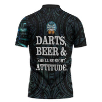 Personalized New Zealand Darts Beer Zipper Polo Shirt Paua Shell Aotearoa Maori Tattoo - Polynesian Pride