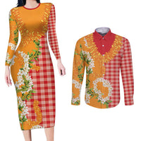 Prince Kuhio Aloha Hawaii Couples Matching Long Sleeve Bodycon Dress and Long Sleeve Button Shirt Plumeria Ilima Lei Palaka Motifs