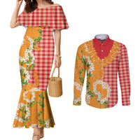 Prince Kuhio Aloha Hawaii Couples Matching Mermaid Dress and Long Sleeve Button Shirt Plumeria Ilima Lei Palaka Motifs