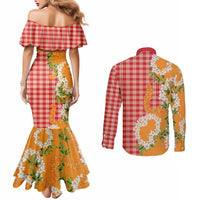 Prince Kuhio Aloha Hawaii Couples Matching Mermaid Dress and Long Sleeve Button Shirt Plumeria Ilima Lei Palaka Motifs