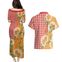 Prince Kuhio Aloha Hawaii Couples Matching Puletasi and Hawaiian Shirt Plumeria Ilima Lei Palaka Motifs