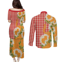 Prince Kuhio Aloha Hawaii Couples Matching Puletasi and Long Sleeve Button Shirt Plumeria Ilima Lei Palaka Motifs LT14 - Polynesian Pride