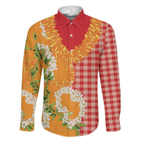 Prince Kuhio Aloha Hawaii Family Matching Tank Maxi Dress and Hawaiian Shirt Plumeria Ilima Lei Palaka Motifs LT14 Dad's Shirt - Long Sleeve Red - Polynesian Pride