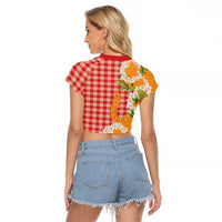Prince Kuhio Aloha Hawaii Raglan Cropped T Shirt Plumeria Ilima Lei Palaka Motifs LT14 - Polynesian Pride