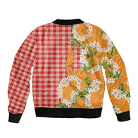 Prince Kuhio Aloha Hawaii Sleeve Zip Bomber Jacket Plumeria Ilima Lei Palaka Motifs
