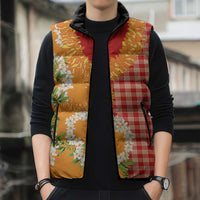 Prince Kuhio Aloha Hawaii Sleeveless Puffer Jacket Plumeria Ilima Lei Palaka Motifs