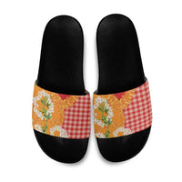 Prince Kuhio Aloha Hawaii Slide Sandals Plumeria Ilima Lei Palaka Motifs