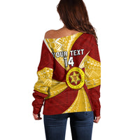 Personalised Tonga High School Off Shoulder Sweater Tongan Ngatu Pattern LT14 - Polynesian Pride