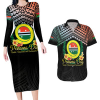 Personalised Penama Day Couples Matching Long Sleeve Bodycon Dress and Hawaiian Shirt Vanuatu Provinces Polynesian Pattern