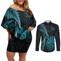 Personalised New Zealand Darts Couples Matching Off Shoulder Short Dress and Long Sleeve Button Shirt Happiness Is A Tight Threesome Maori Paua Shell